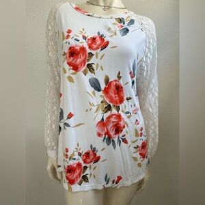 Floral Lace Sleeve Top - White and Red